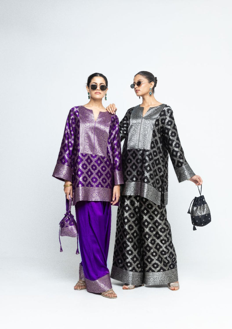 Seerat - Brocade Jaal Silk Kurta with Farshi set - Purple satin by SOBARIKO in purple color for women Worldwide