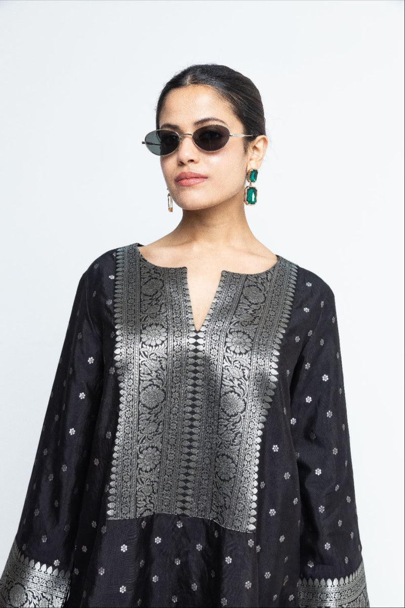 Mehak - Black Butti Brocade Kurta with Pants - Black silk by SOBARIKO in black color for women Worldwide
