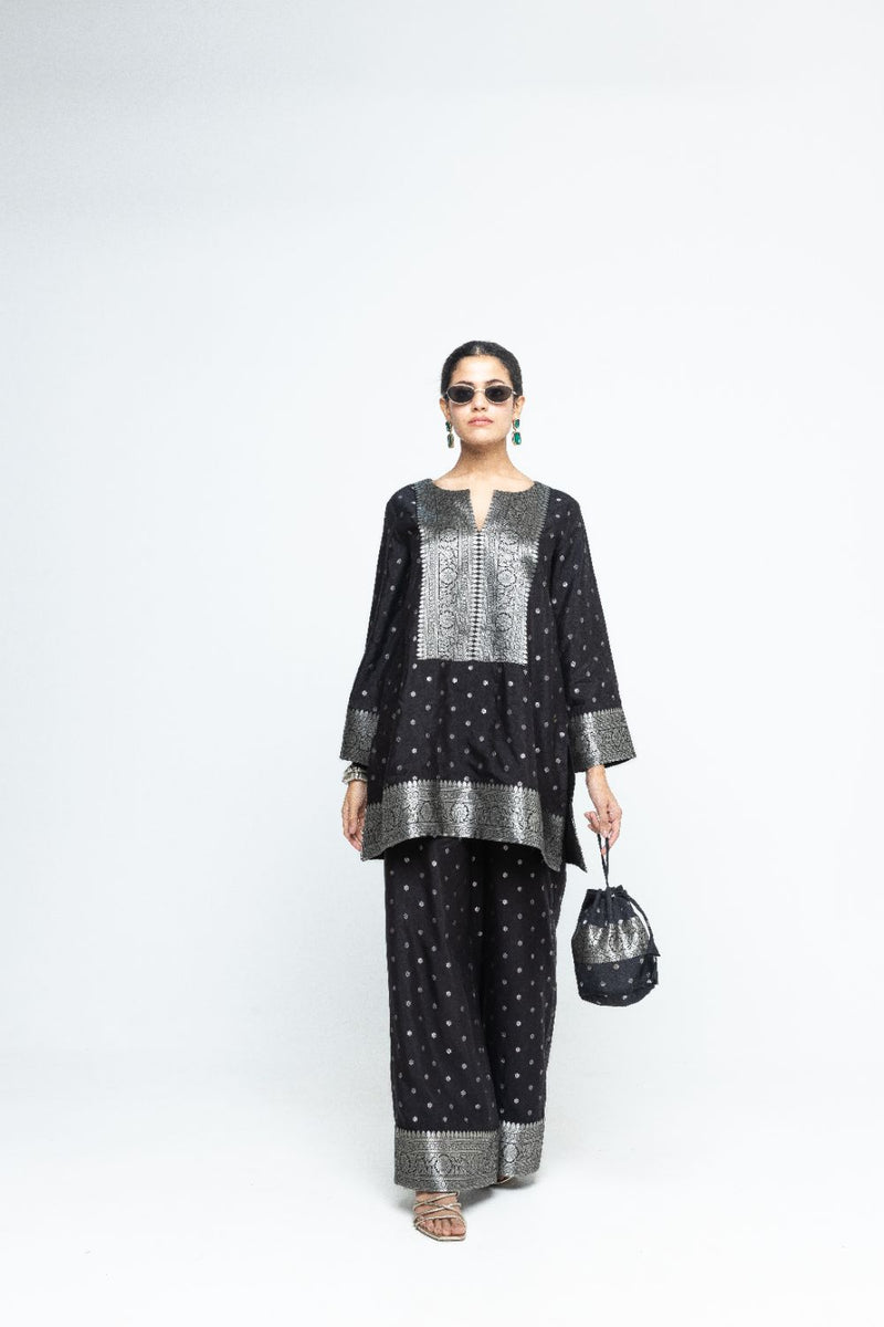 Mehak - Black Butti Brocade Kurta with Pants - Black silk by SOBARIKO in black color for women Worldwide