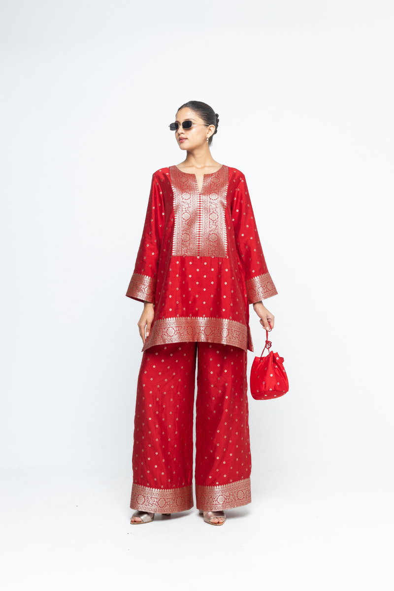 Mehak - Red Butti Brocade Kurta with Pants - Red silk by SOBARIKO in red color for women Worldwide