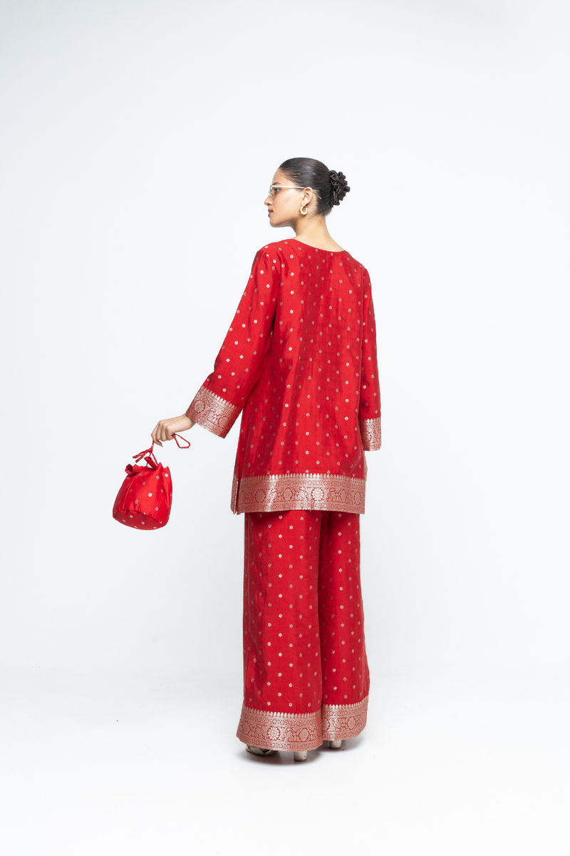 Mehak - Red Butti Brocade Kurta with Pants - Red silk by SOBARIKO in red color for women Worldwide