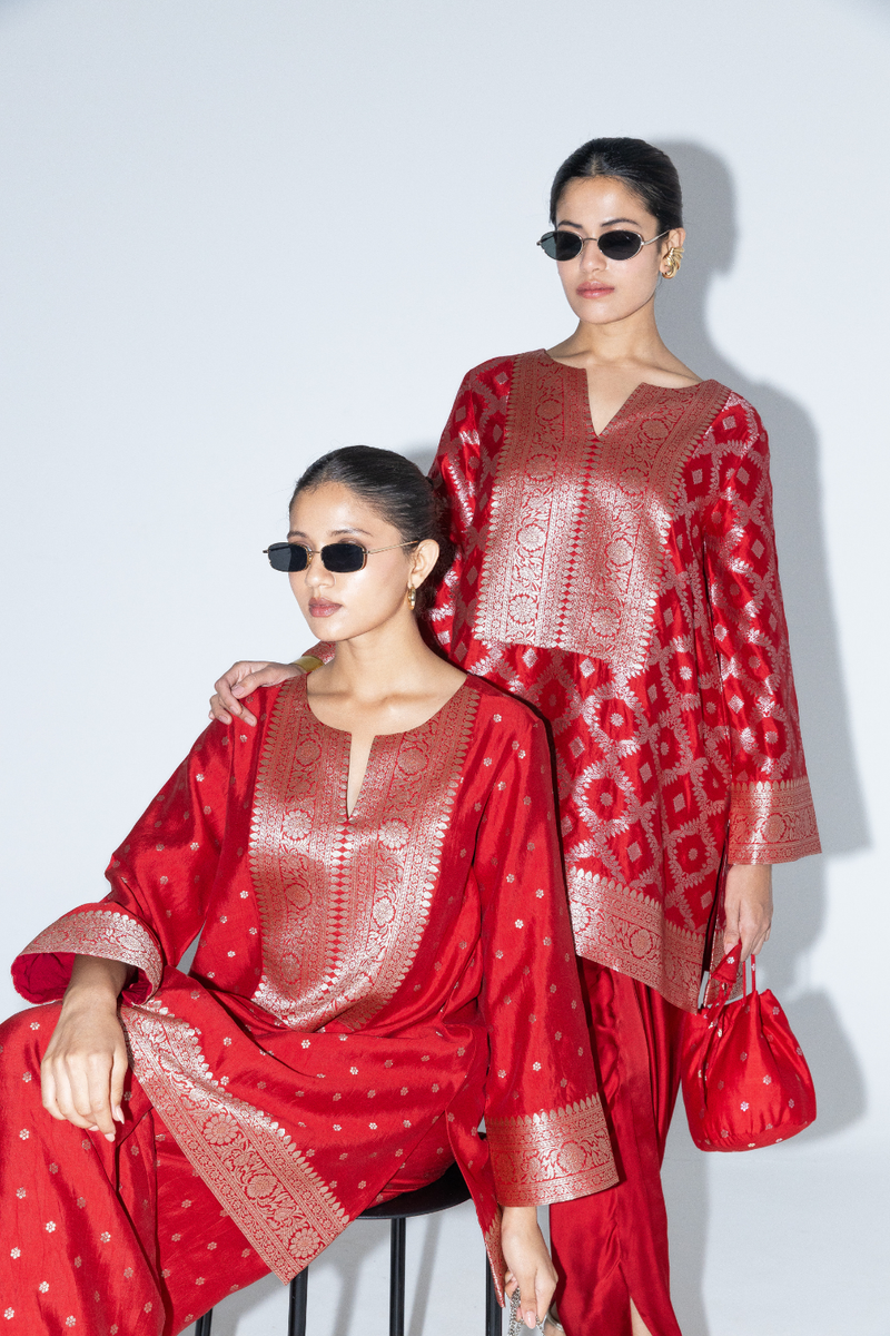 Mehak - Red Butti Brocade Kurta with Pants - Red silk by SOBARIKO in red color for women Worldwide