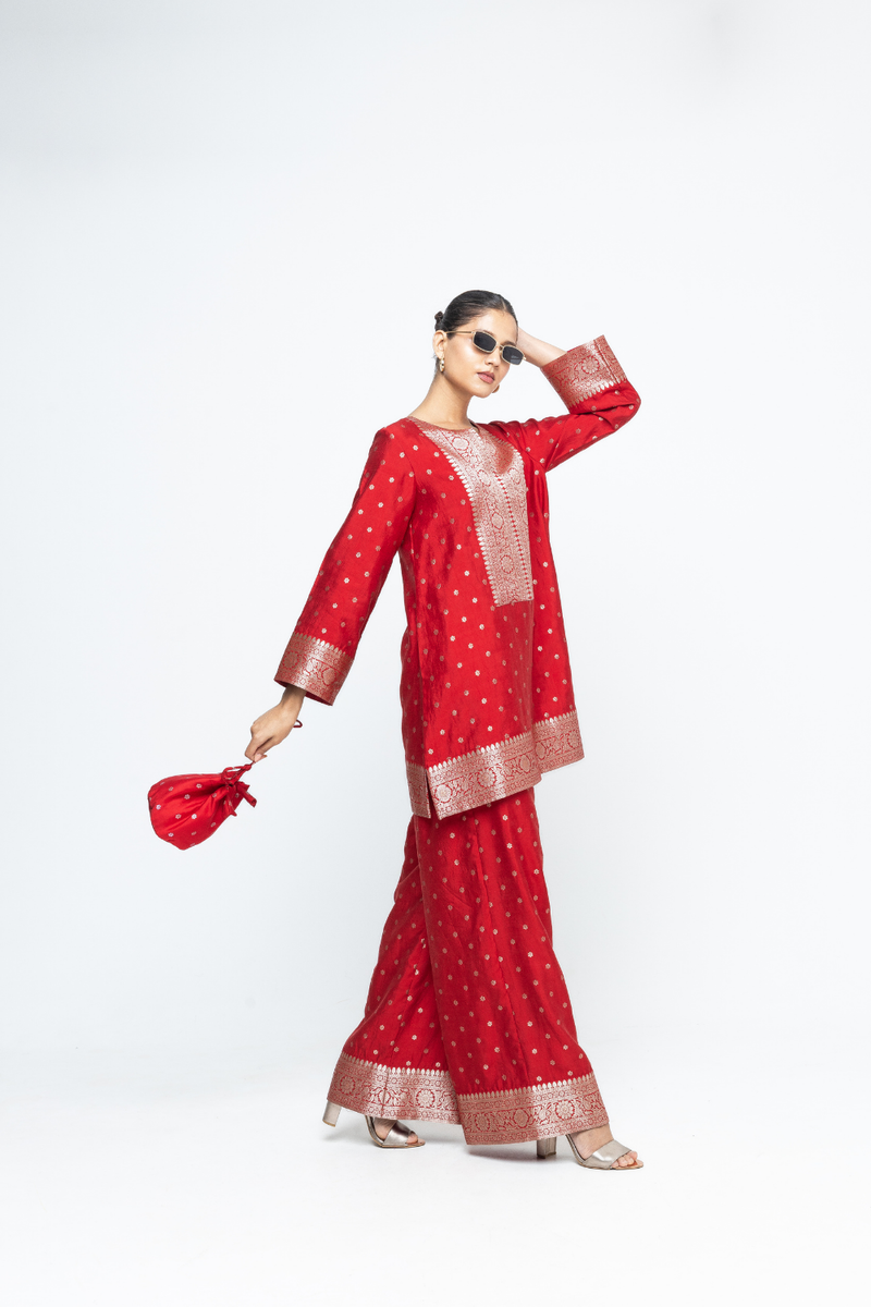 Mehak - Red Butti Brocade Kurta with Pants - Red silk by SOBARIKO in red color for women Worldwide