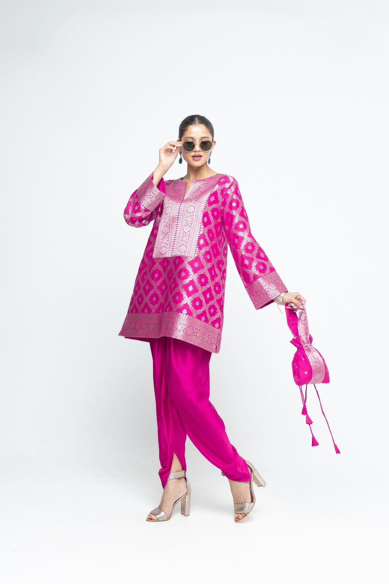 Heer - Pink Brocade Jaal Kurta with Dhoti - Pink satin by SOBARIKO in pink color for women Worldwide