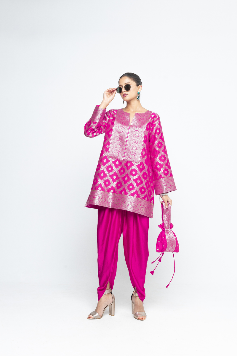 Heer - Pink Brocade Jaal Kurta with Dhoti - Pink satin by SOBARIKO in pink color for women Worldwide