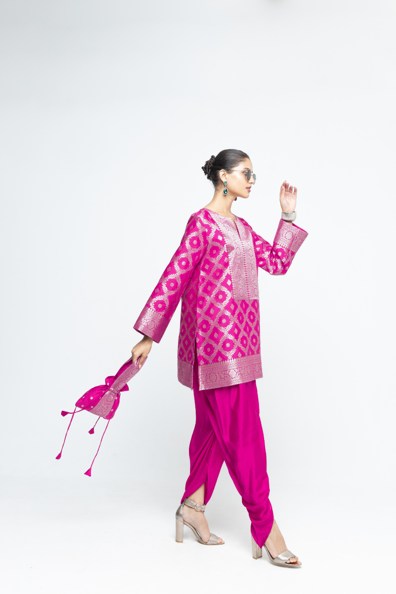 Heer - Pink Brocade Jaal Kurta with Dhoti - Pink satin by SOBARIKO in pink color for women Worldwide