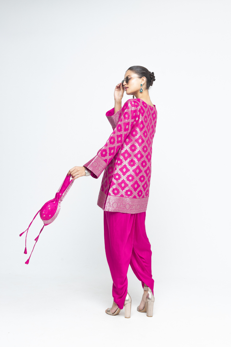 Heer - Pink Brocade Jaal Kurta with Dhoti - Pink satin by SOBARIKO in pink color for women Worldwide