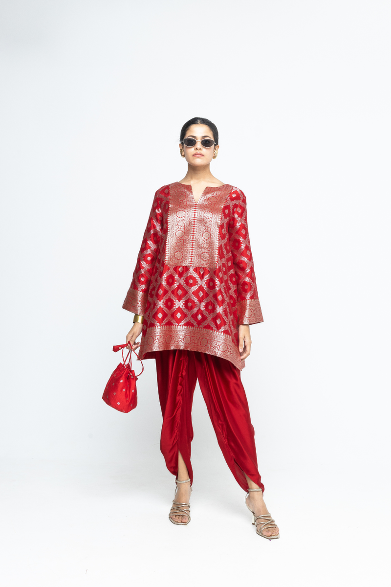 Heer - Red Brocade Jaal Kurta with Dhoti - Red satin by SOBARIKO in red color for women Worldwide