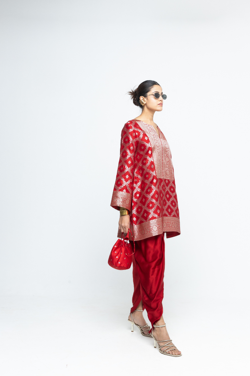 Heer - Red Brocade Jaal Kurta with Dhoti - Red satin by SOBARIKO in red color for women Worldwide