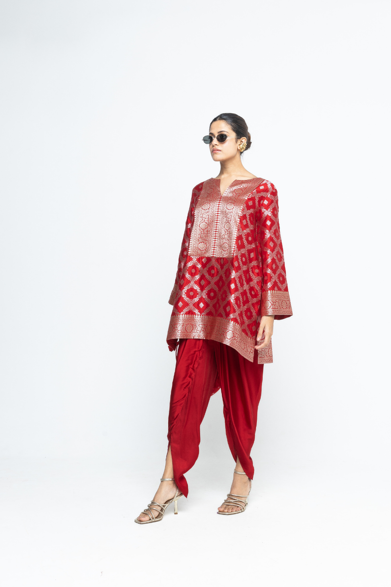 Heer - Red Brocade Jaal Kurta with Dhoti - Red satin by SOBARIKO in red color for women Worldwide