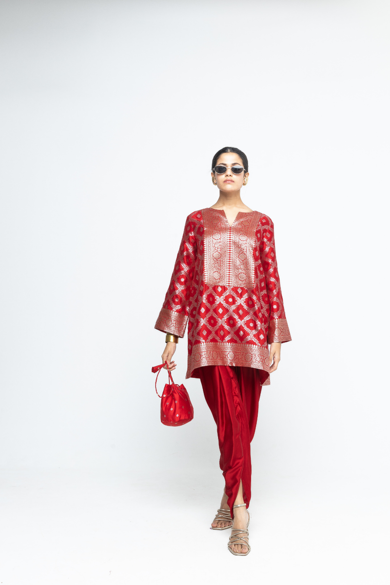 Heer - Red Brocade Jaal Kurta with Dhoti - Red satin by SOBARIKO in red color for women Worldwide