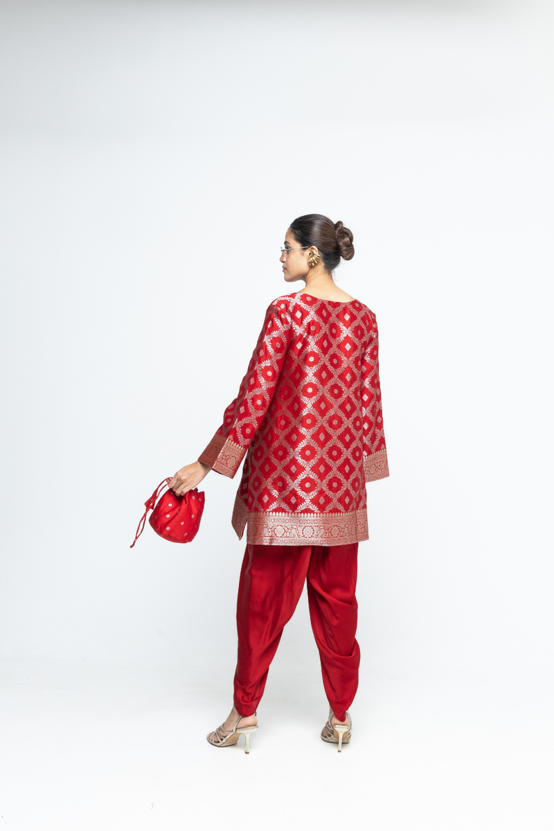 Heer - Red Brocade Jaal Kurta with Dhoti - Red satin by SOBARIKO in red color for women Worldwide