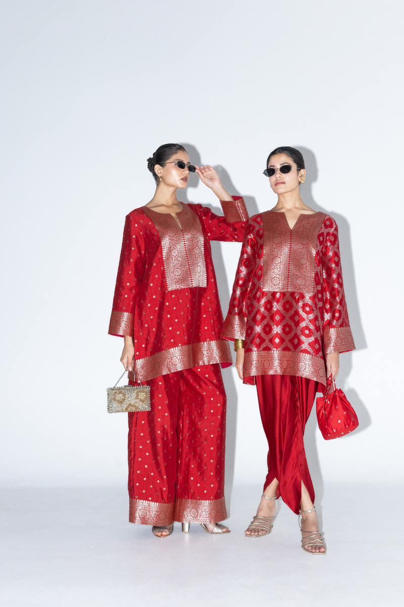 Heer - Red Brocade Jaal Kurta with Dhoti - Red satin by SOBARIKO in red color for women Worldwide