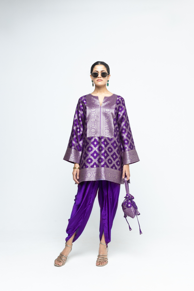 Heer - Purple Brocade Jaal Kurta with Dhoti - Purple satin by SOBARIKO in purple color for women Worldwide