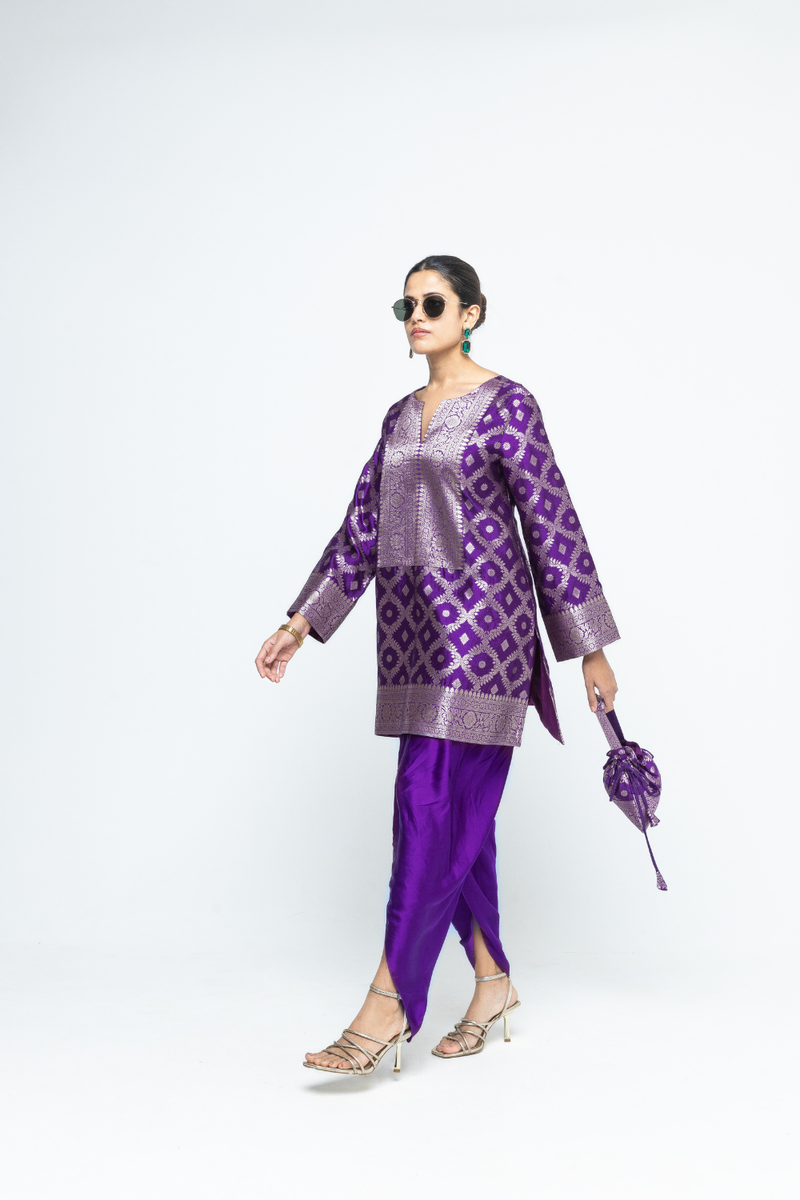 Heer - Purple Brocade Jaal Kurta with Dhoti - Purple satin by SOBARIKO in purple color for women Worldwide