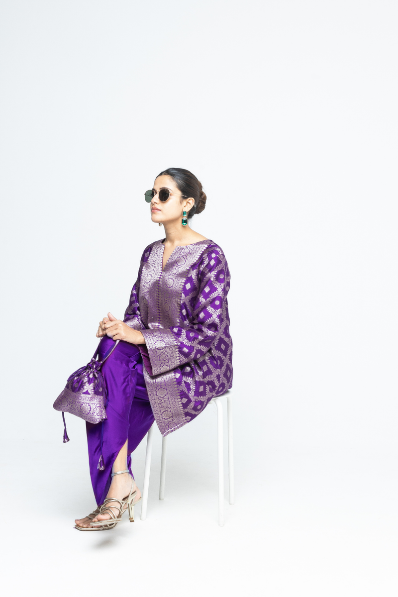 Heer - Purple Brocade Jaal Kurta with Dhoti - Purple satin by SOBARIKO in purple color for women Worldwide