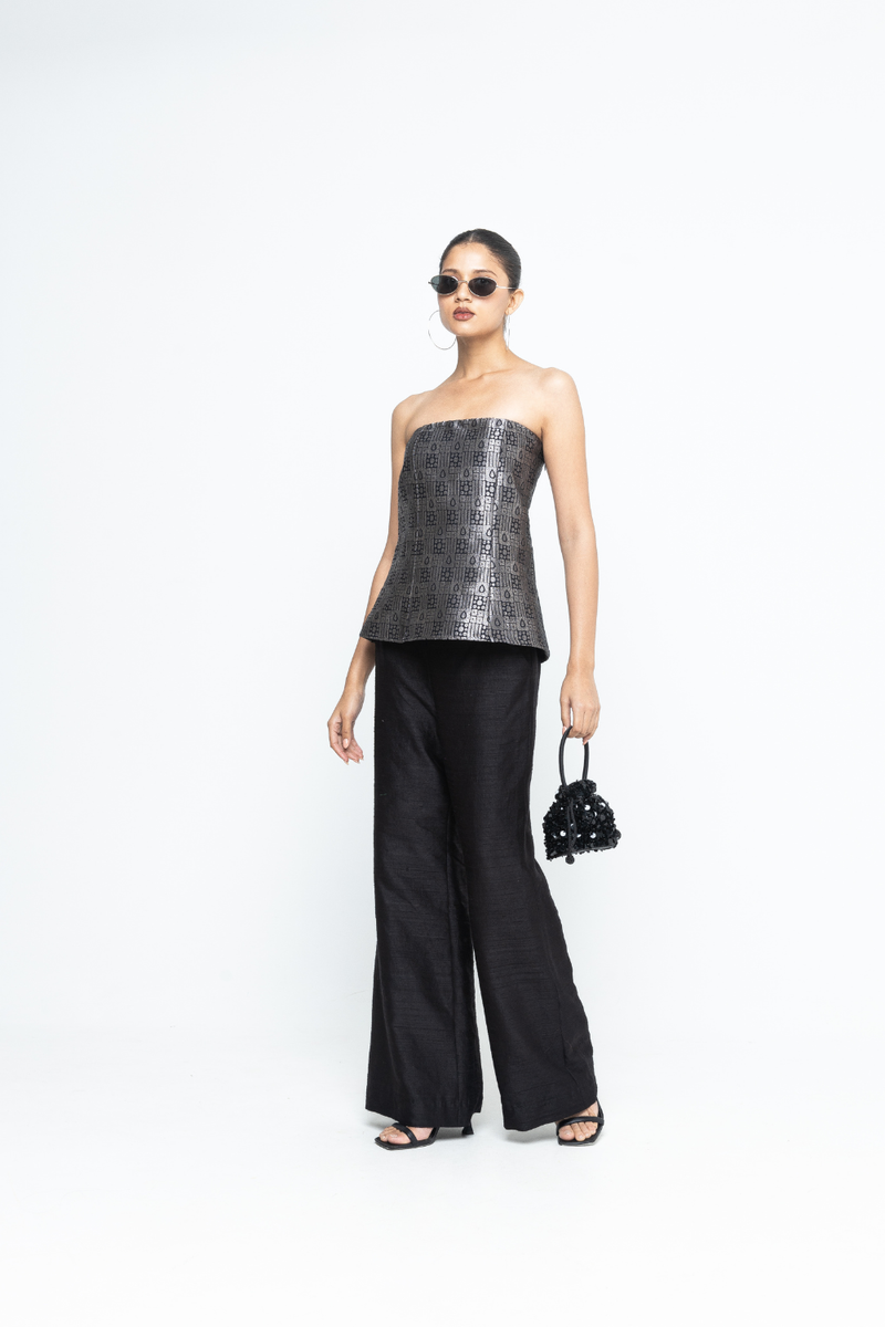Dela - Strapless Brocade Top and Pants - Black silk by SOBARIKO in black color for women Worldwide