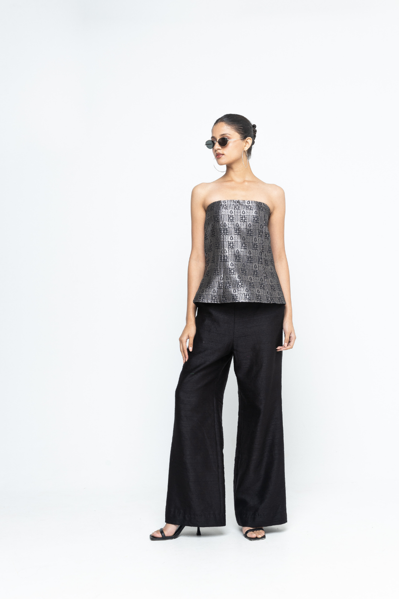 Dela - Strapless Brocade Top and Pants - Black silk by SOBARIKO in black color for women Worldwide