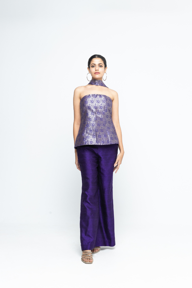 Dela - Strapless Brocade Top and Pants - Purple silk by SOBARIKO in purple color for women Worldwide