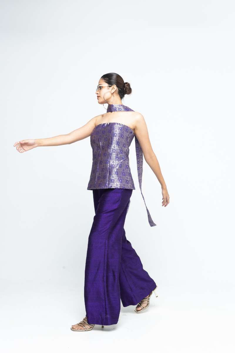 Dela - Strapless Brocade Top and Pants - Purple silk by SOBARIKO in purple color for women Worldwide