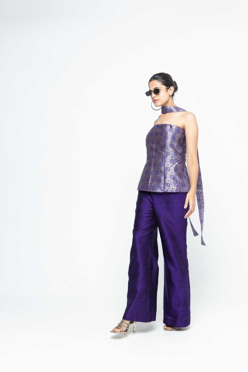 Dela - Strapless Brocade Top and Pants - Purple silk by SOBARIKO in purple color for women Worldwide