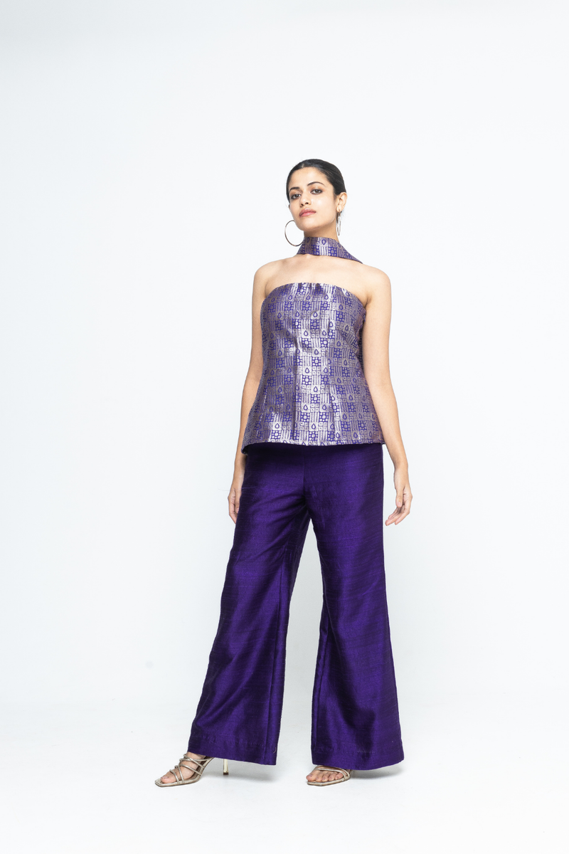 Dela - Strapless Brocade Top and Pants - Purple silk by SOBARIKO in purple color for women Worldwide