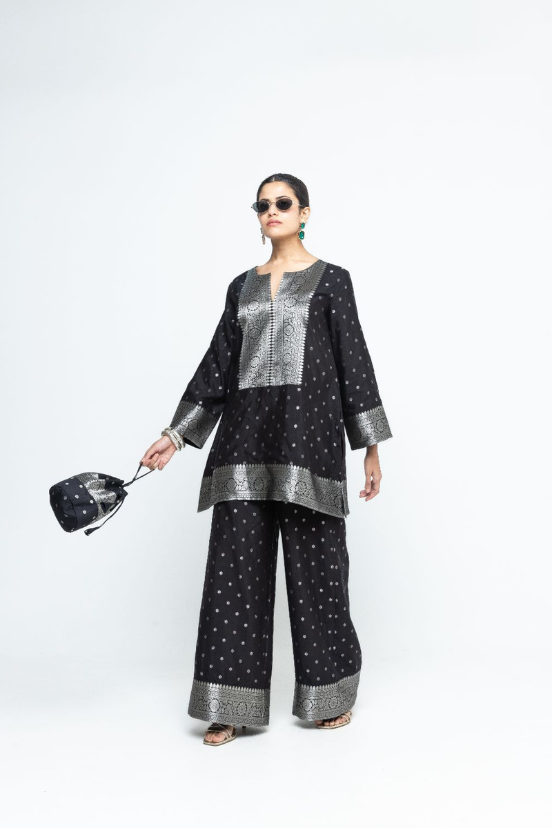 Mehak - Black Butti Brocade Kurta with Pants - Black silk by SOBARIKO in black color for women Worldwide