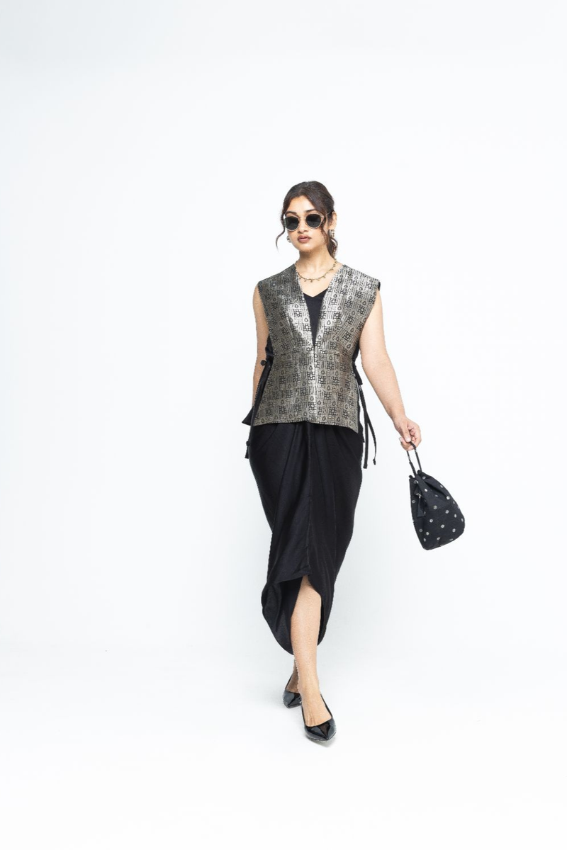 Alia - Brocade Gilet paired with Assymetrical Dress - Black satin by SOBARIKO in black color for women Worldwide