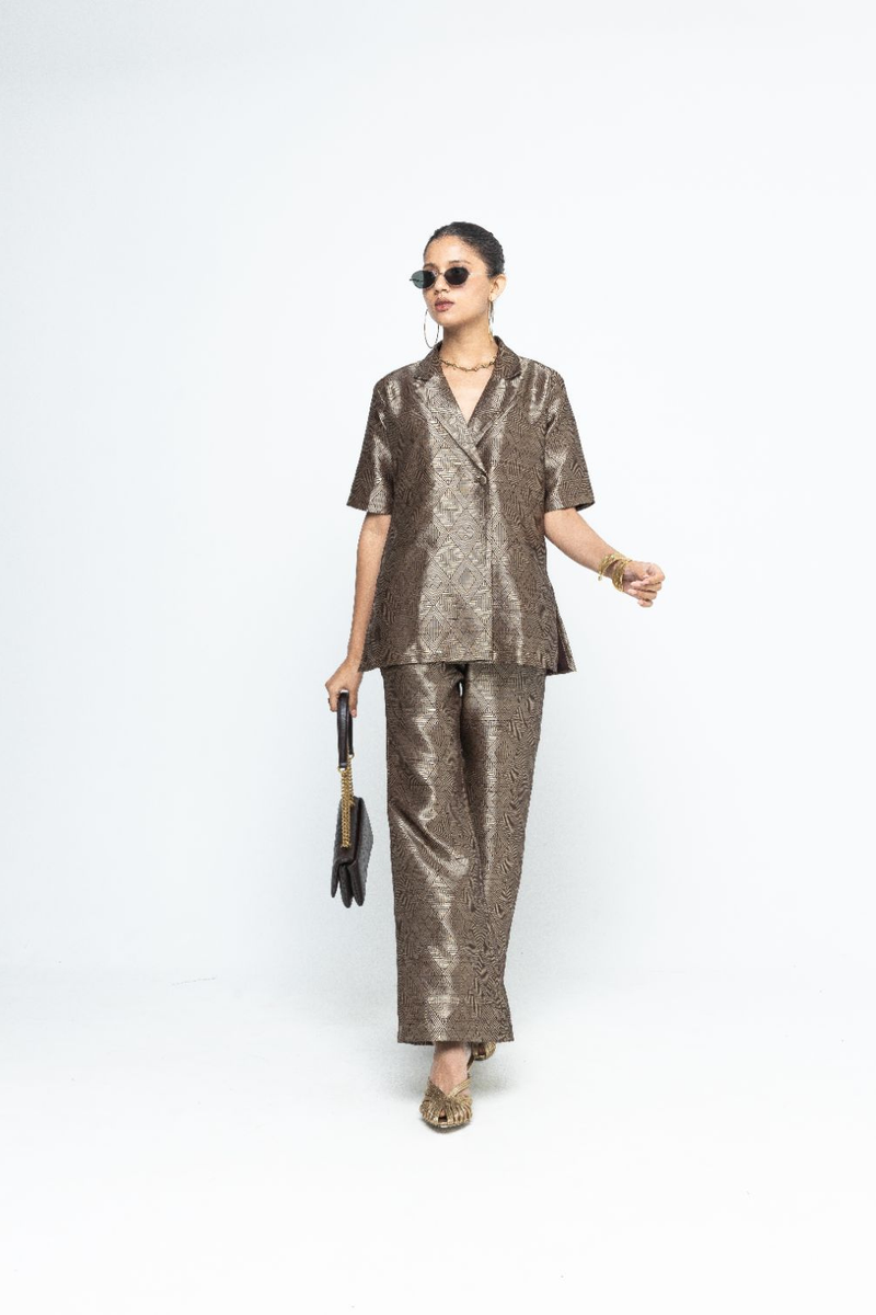 Metallic Brown Wrap Blazer Set - Gold Brown satin by SOBARIKO in brown color for women Worldwide