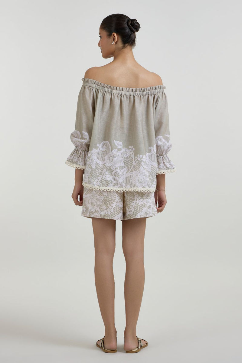 Lucy Off -Shoulder Set linen co-ord set by SOBARIKO in khaki for women Worldwide