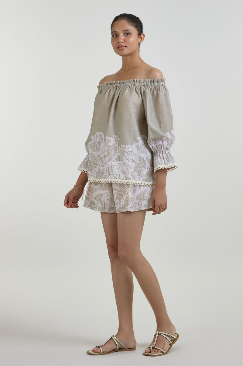 Lucy Off -Shoulder Set linen co-ord set by SOBARIKO in khaki for women Worldwide