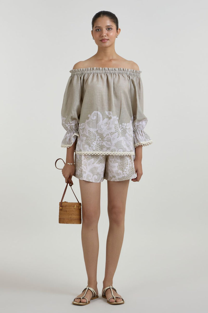Lucy Off -Shoulder Set linen co-ord set by SOBARIKO in khaki for women Worldwide