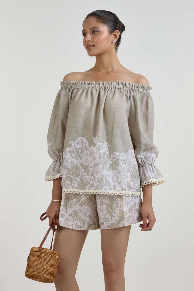 Lucy Off -Shoulder Set linen co-ord set by SOBARIKO in khaki for women Worldwide