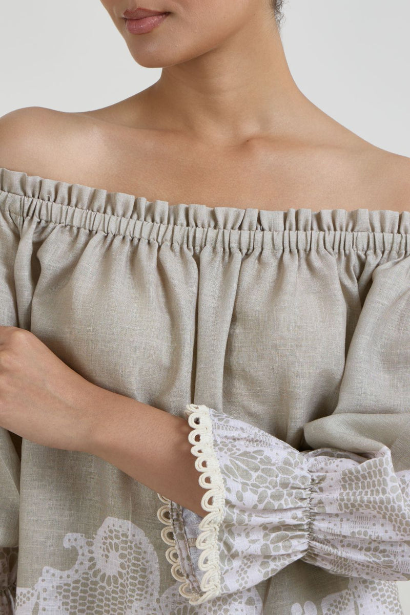 Lucy Off -Shoulder Set linen co-ord set by SOBARIKO in khaki for women Worldwide