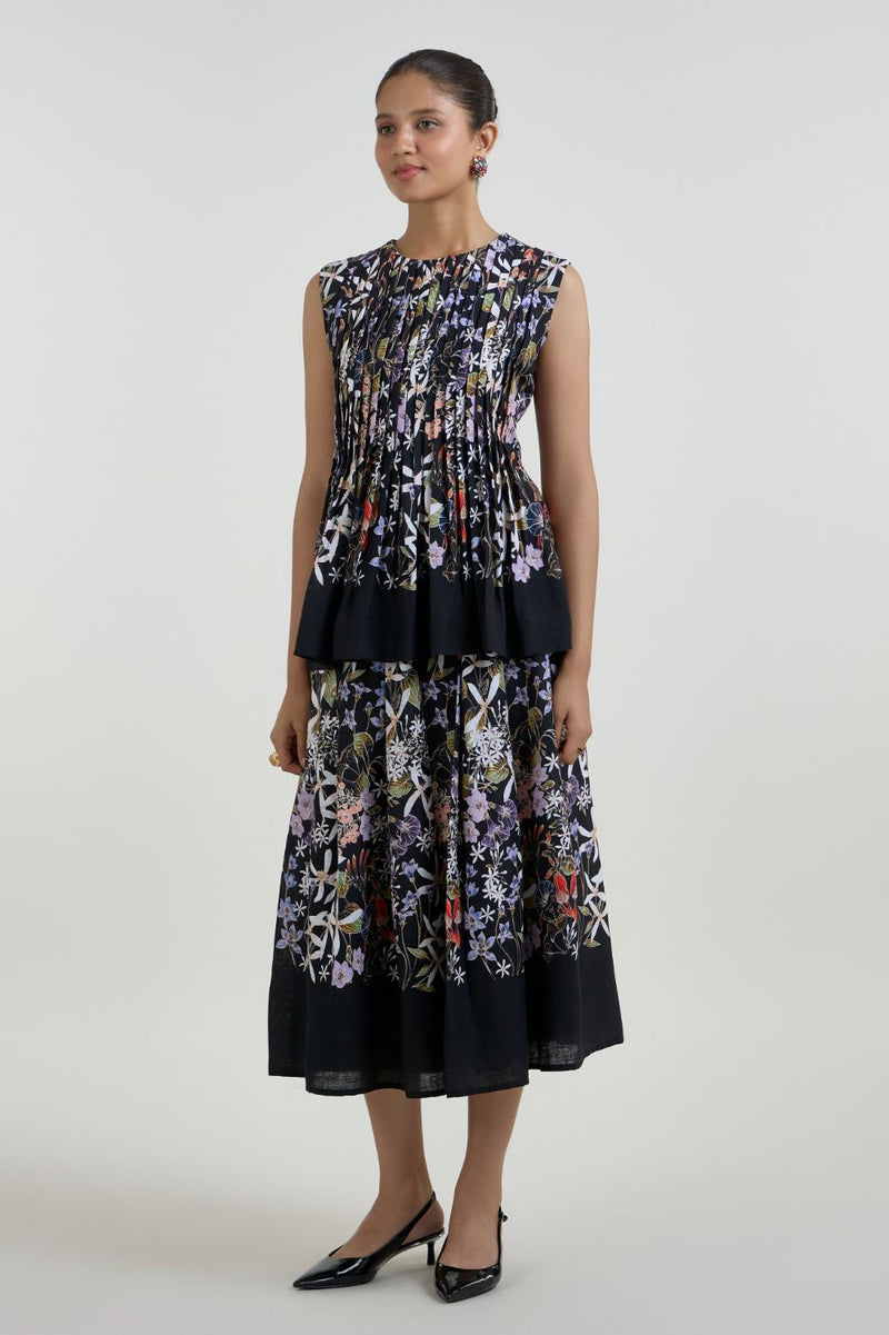 Eliza Accordian Skirt Set linen co-ord set by SOBARIKO in black for women Worldwide
