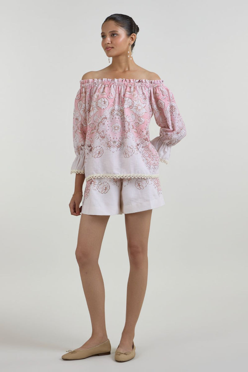 Anna Off Shoulder Set linen co-ord set by SOBARIKO in pink for women Worldwide
