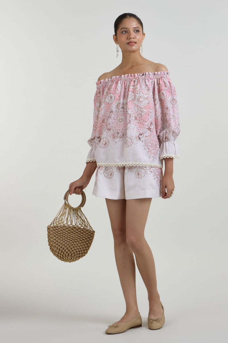 Anna Off Shoulder Set linen co-ord set by SOBARIKO in pink for women Worldwide