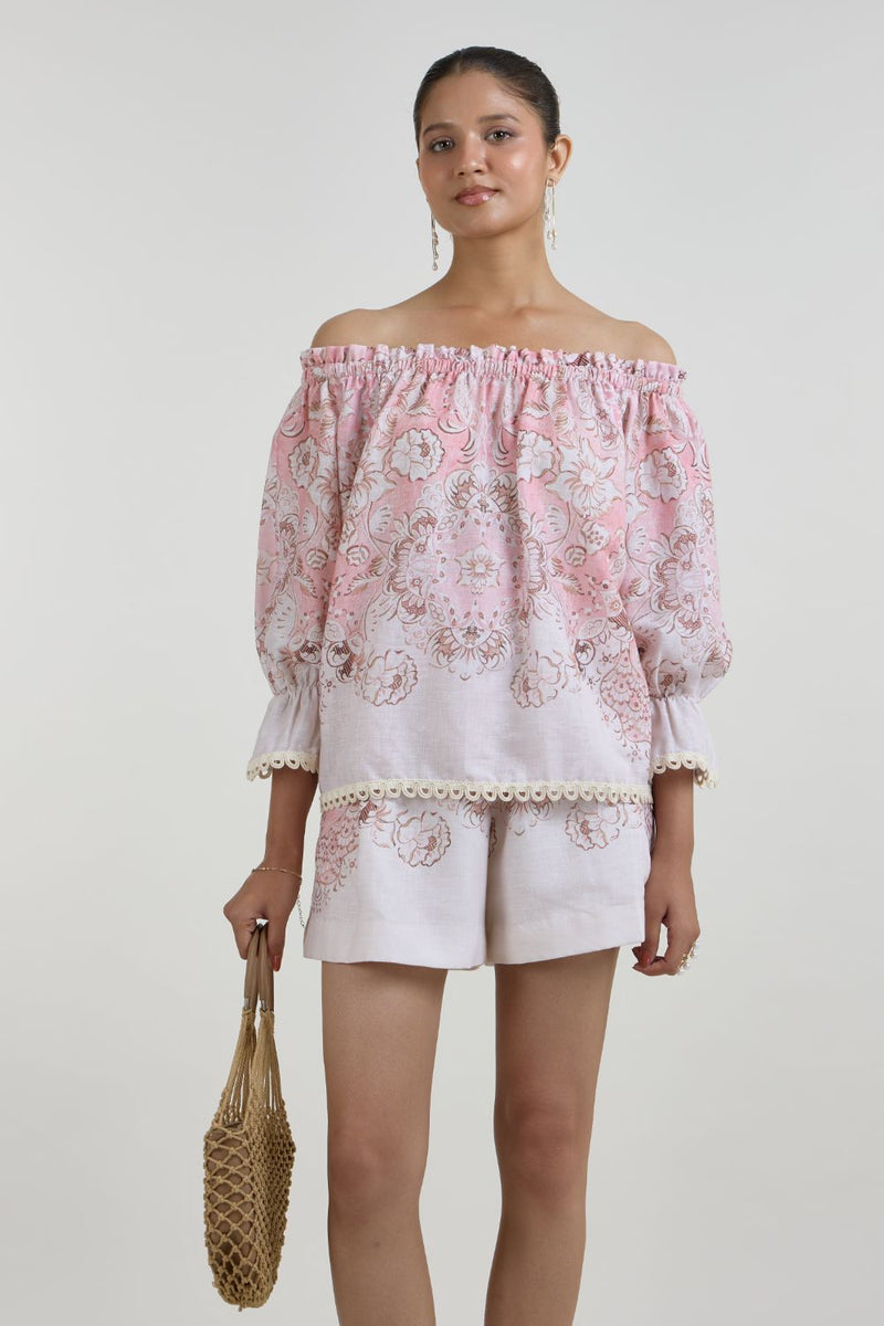 Anna Off Shoulder Set linen co-ord set by SOBARIKO in pink for women Worldwide