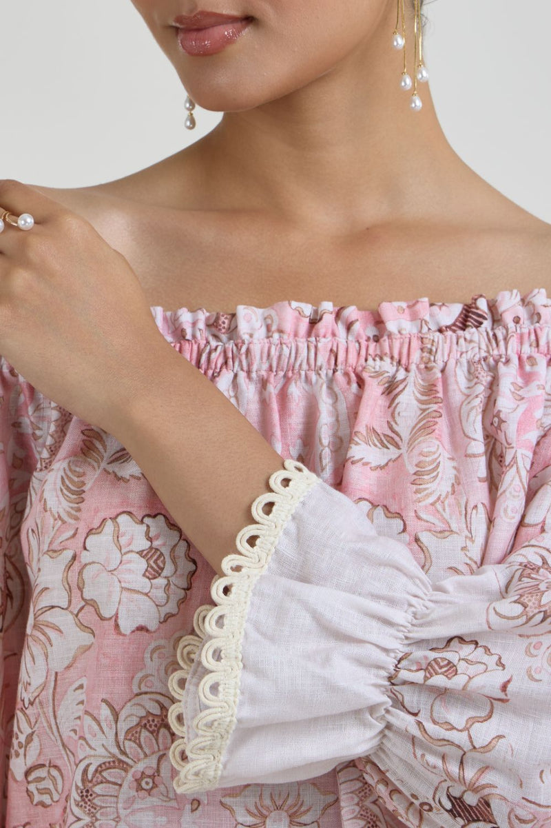 Anna Off Shoulder Set linen co-ord set by SOBARIKO in pink for women Worldwide
