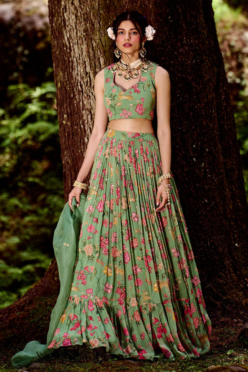 Soleil Lehenga Set georgettte by Paulmi & Harsh-kahan Sep'26 in green for women Worldwide