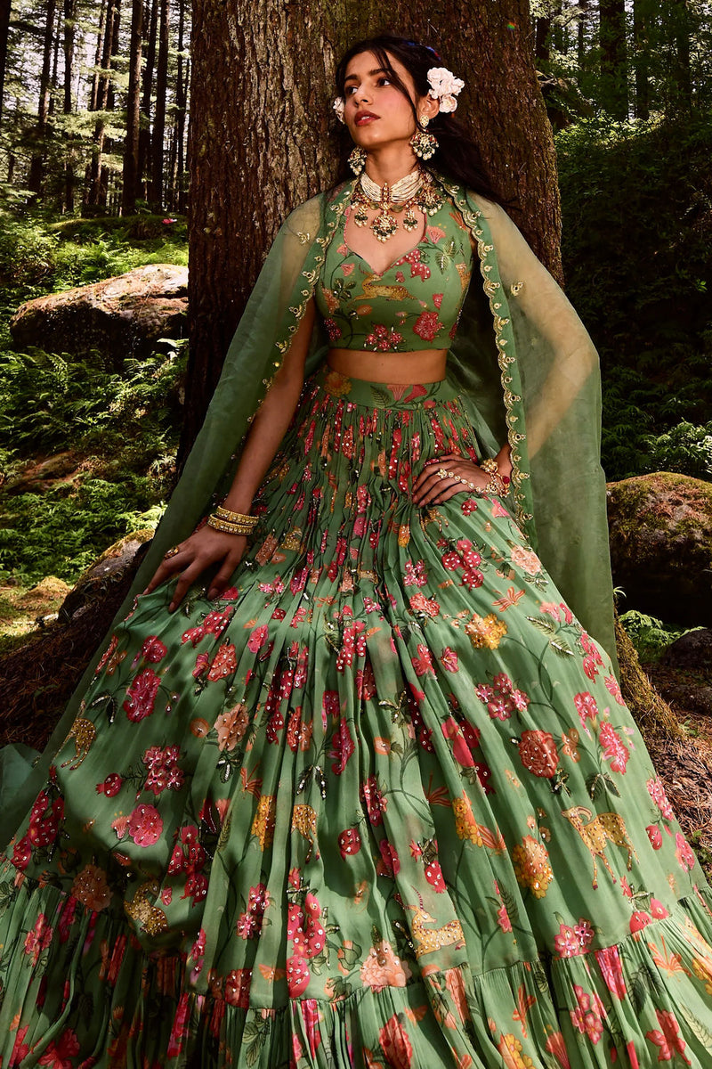 Soleil Lehenga Set georgettte by Paulmi & Harsh-kahan Sep'26 in green for women Worldwide