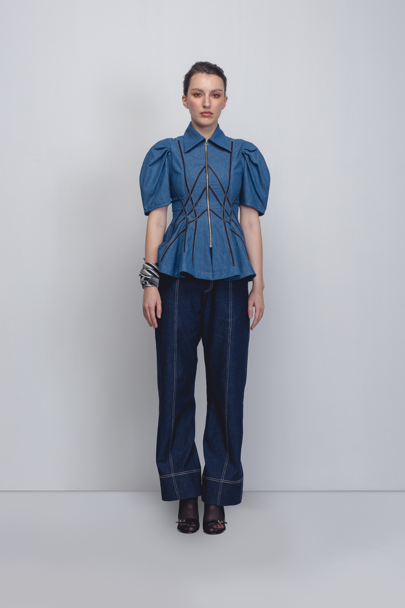 Spirale Denim Top - Denim Blue cotton by Leh Studios in blue color for women Worldwide