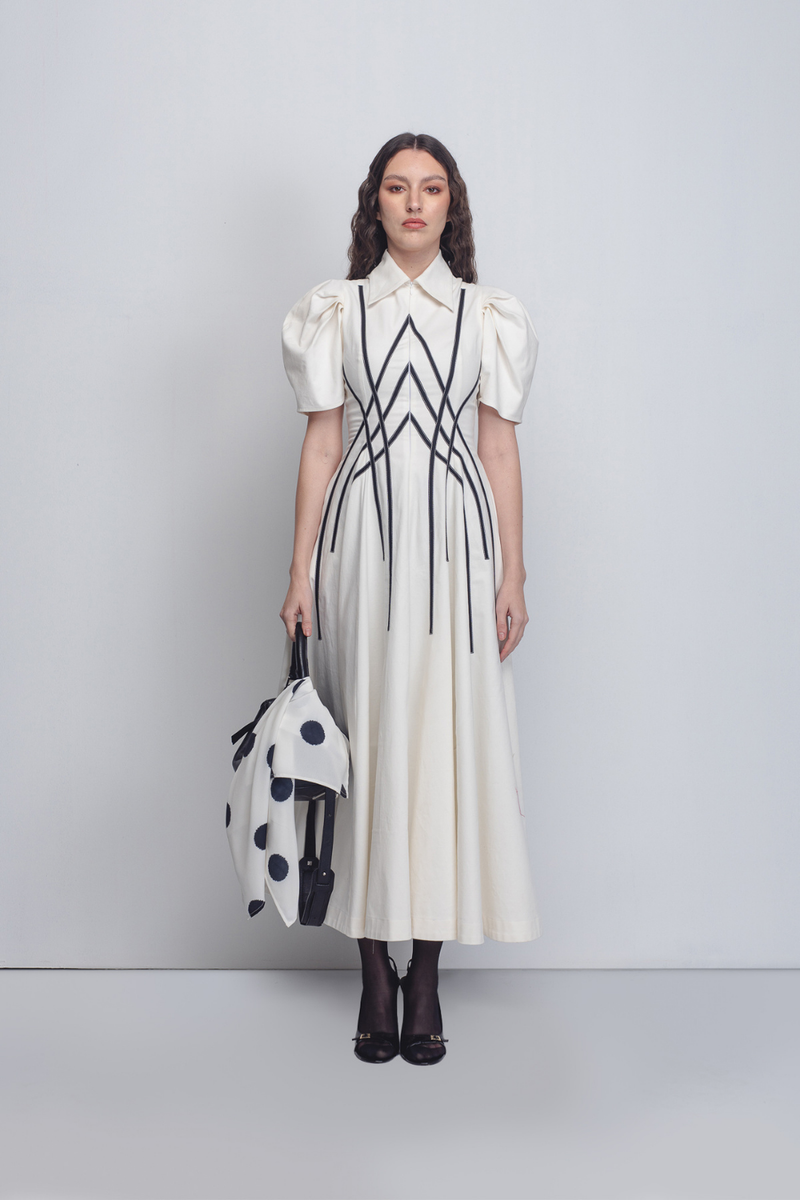 Spirale Dress - White + Black cotton by Leh Studios in black color for women Worldwide