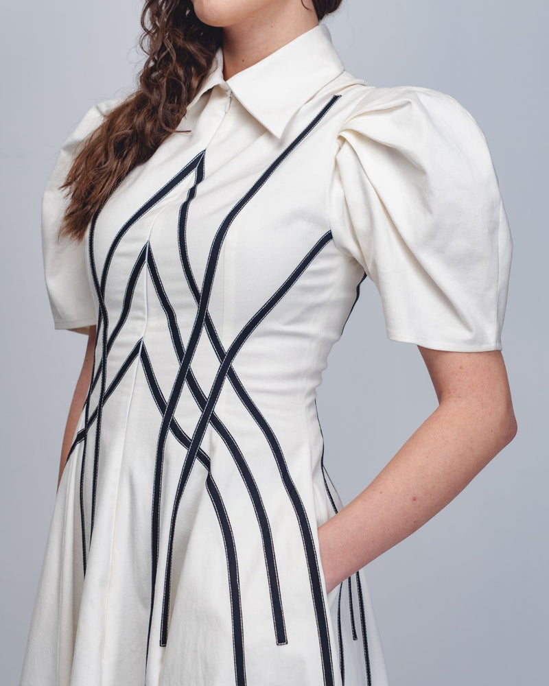 Spirale Dress - White + Black cotton by Leh Studios in black color for women Worldwide