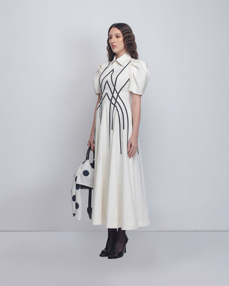 Spirale Dress - White + Black cotton by Leh Studios in black color for women Worldwide