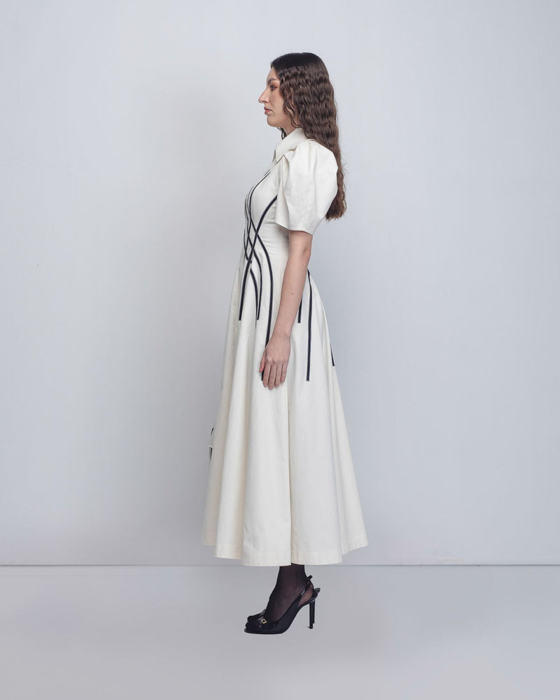 Spirale Dress - White + Black cotton by Leh Studios in black color for women Worldwide