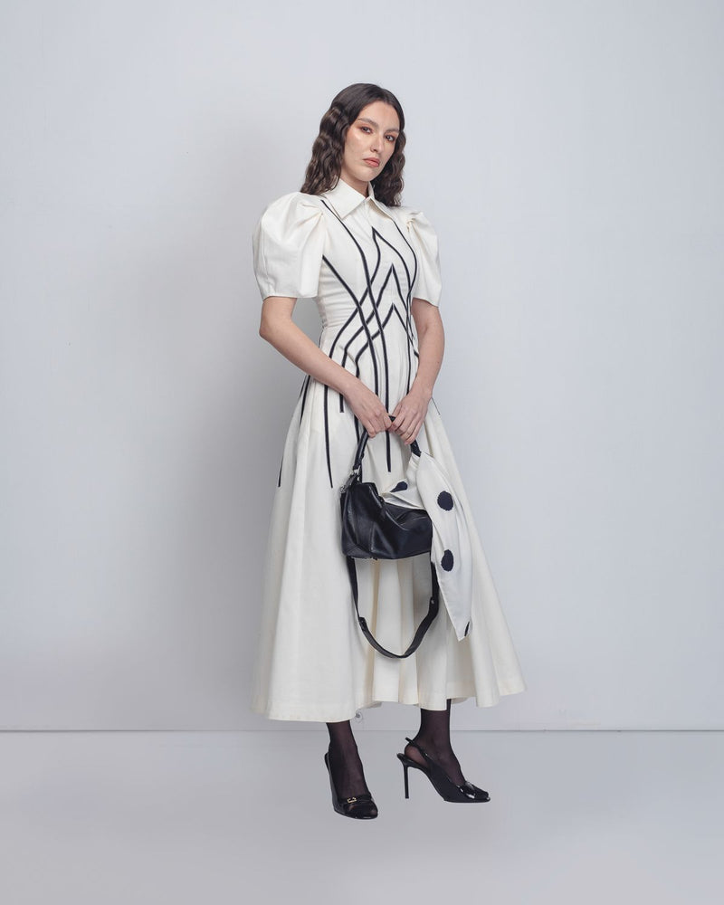 Spirale Dress - White + Black cotton by Leh Studios in black color for women Worldwide