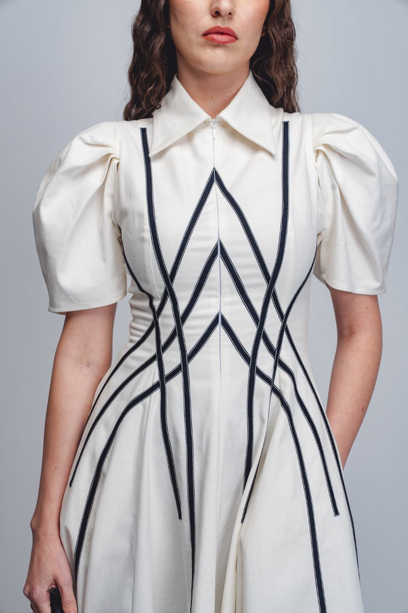Spirale Dress - White + Black cotton by Leh Studios in black color for women Worldwide