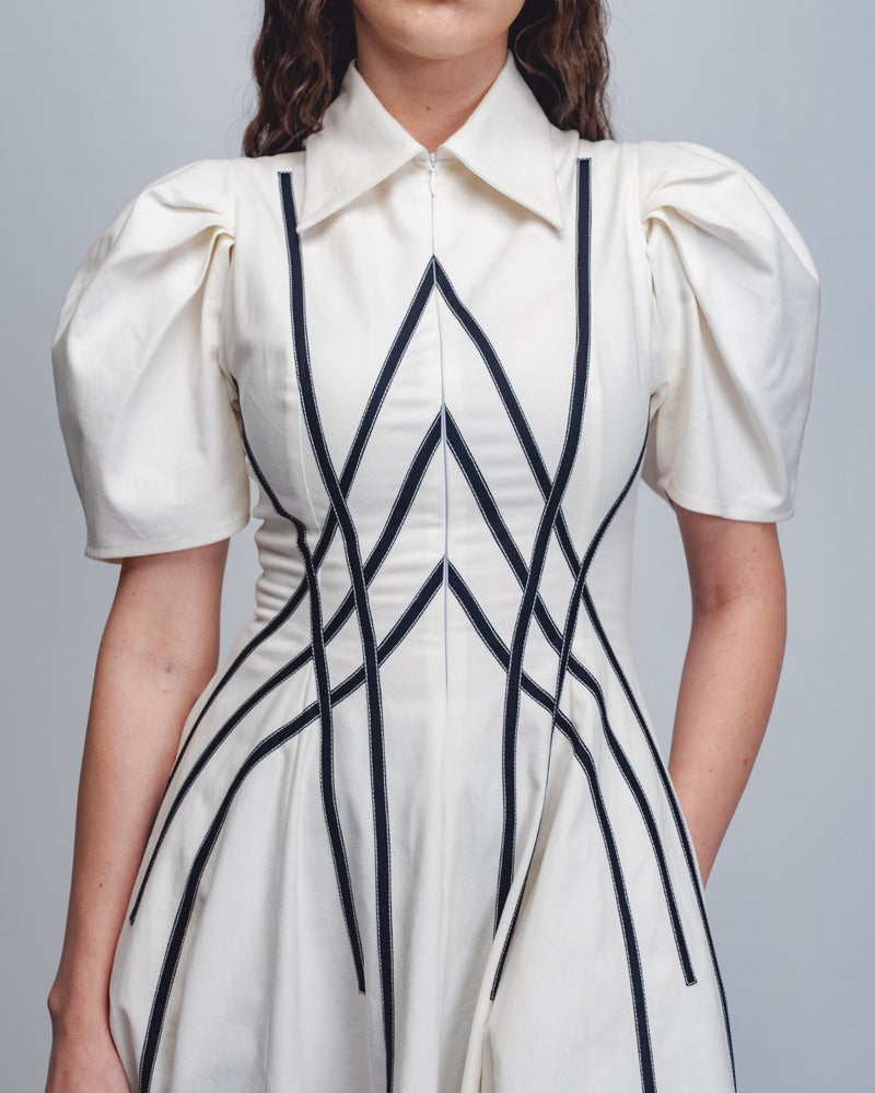 Spirale Dress - White + Black cotton by Leh Studios in black color for women Worldwide