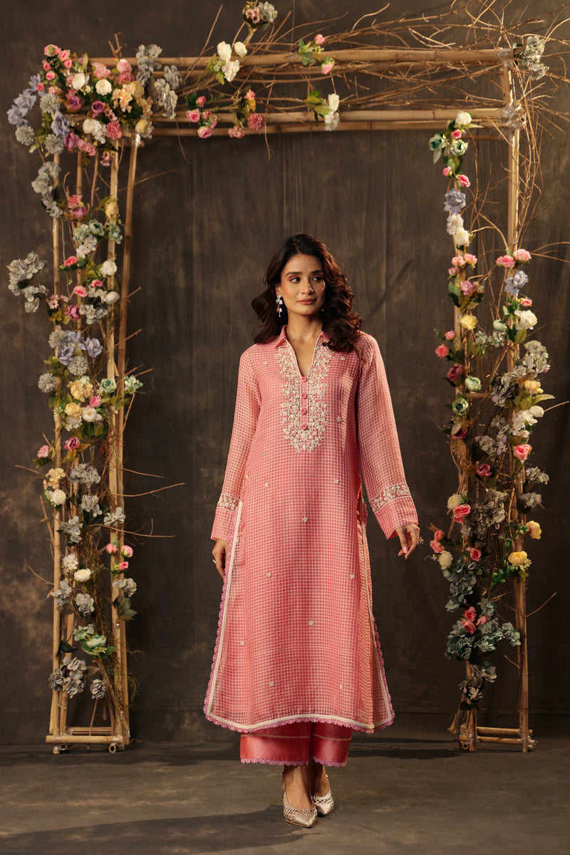 Vaayu Pink Collar Kurta Set silk chanderi , silk tencel kurta/kurta set by Niti Bothra in pink for women Worldwide